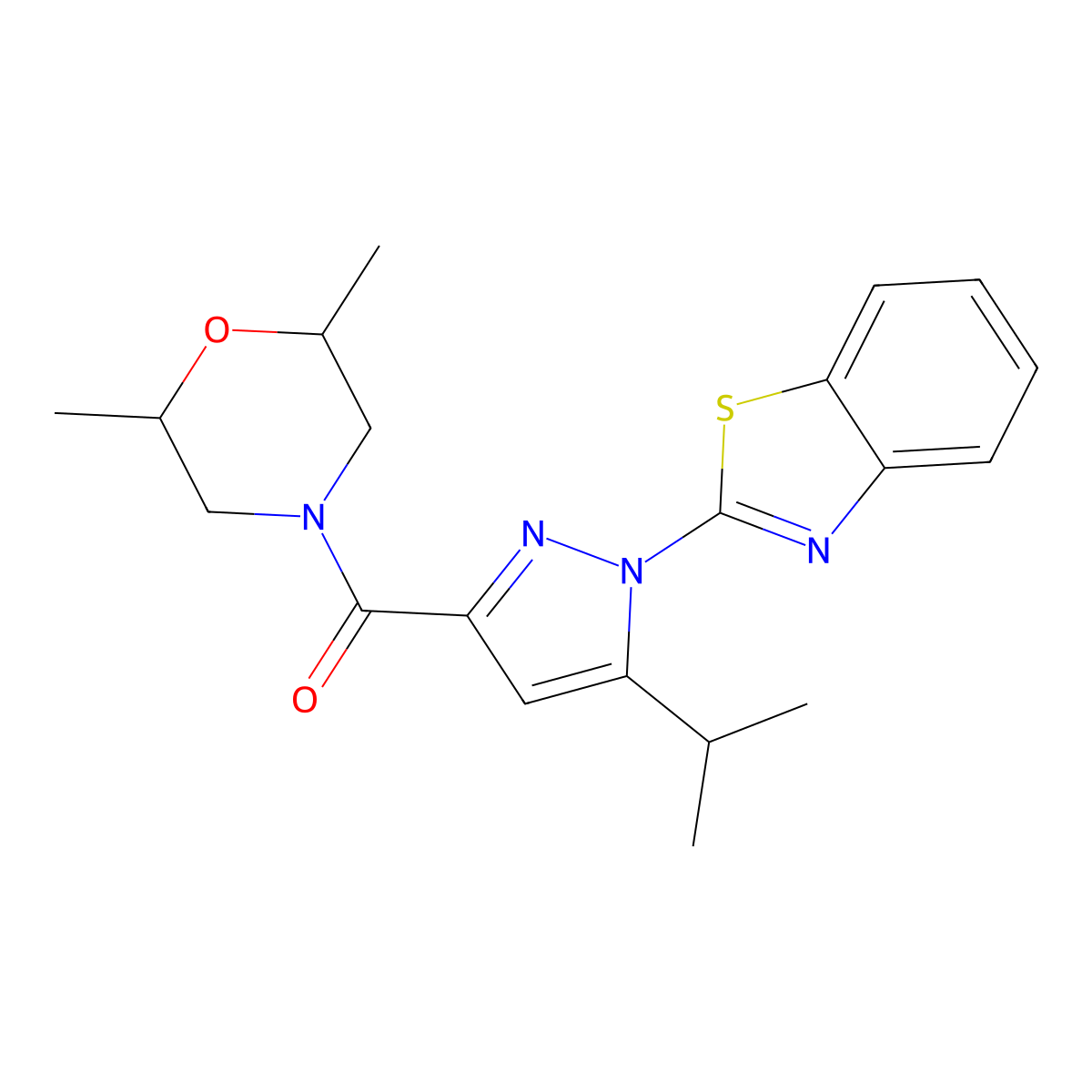 (1-(benzo[d]thiazol-2-yl)-5-isopropyl-1H-pyrazol-3-yl)(2,6-dimethylmorpholino)methanone molecular structure, CAS 1013806-31-9