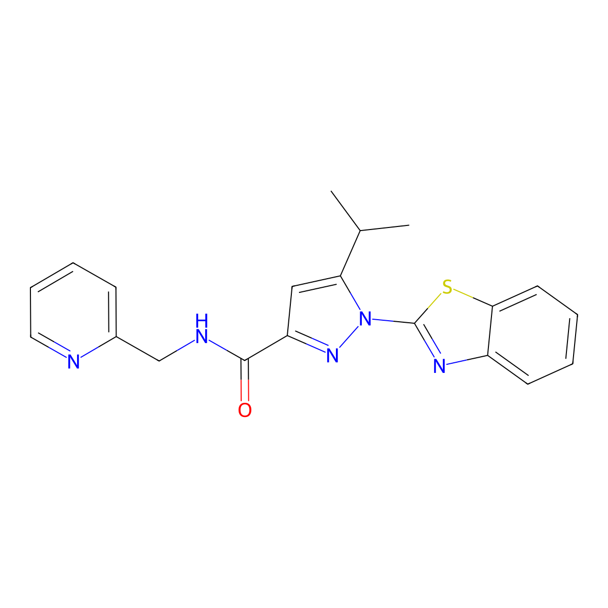 1-(benzo[d]thiazol-2-yl)-5-isopropyl-N-(pyridin-2-ylmethyl)-1H-pyrazole-3-carboxamide molecular structure, CAS 1013806-45-5