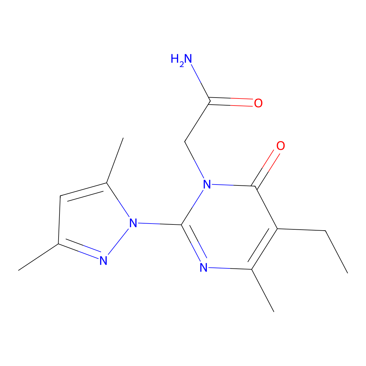 2-(2-(3,5-dimethyl-1H-pyrazol-1-yl)-5-ethyl-4-methyl-6-oxopyrimidin-1(6H)-yl)acetamide molecular structure, CAS 1013806-49-9