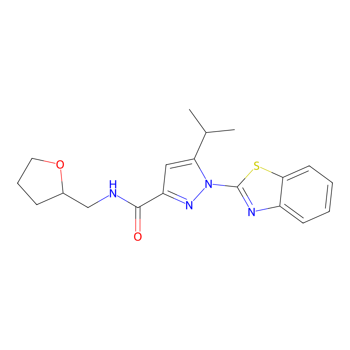 1-(benzo[d]thiazol-2-yl)-5-isopropyl-N-((tetrahydrofuran-2-yl)methyl)-1H-pyrazole-3-carboxamide molecular structure, CAS 1013806-62-6