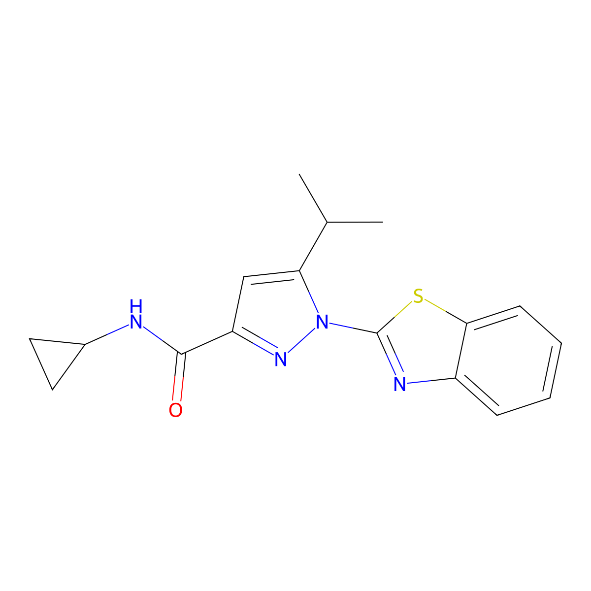 1-(benzo[d]thiazol-2-yl)-N-cyclopropyl-5-isopropyl-1H-pyrazole-3-carboxamide molecular structure, CAS 1013807-12-9