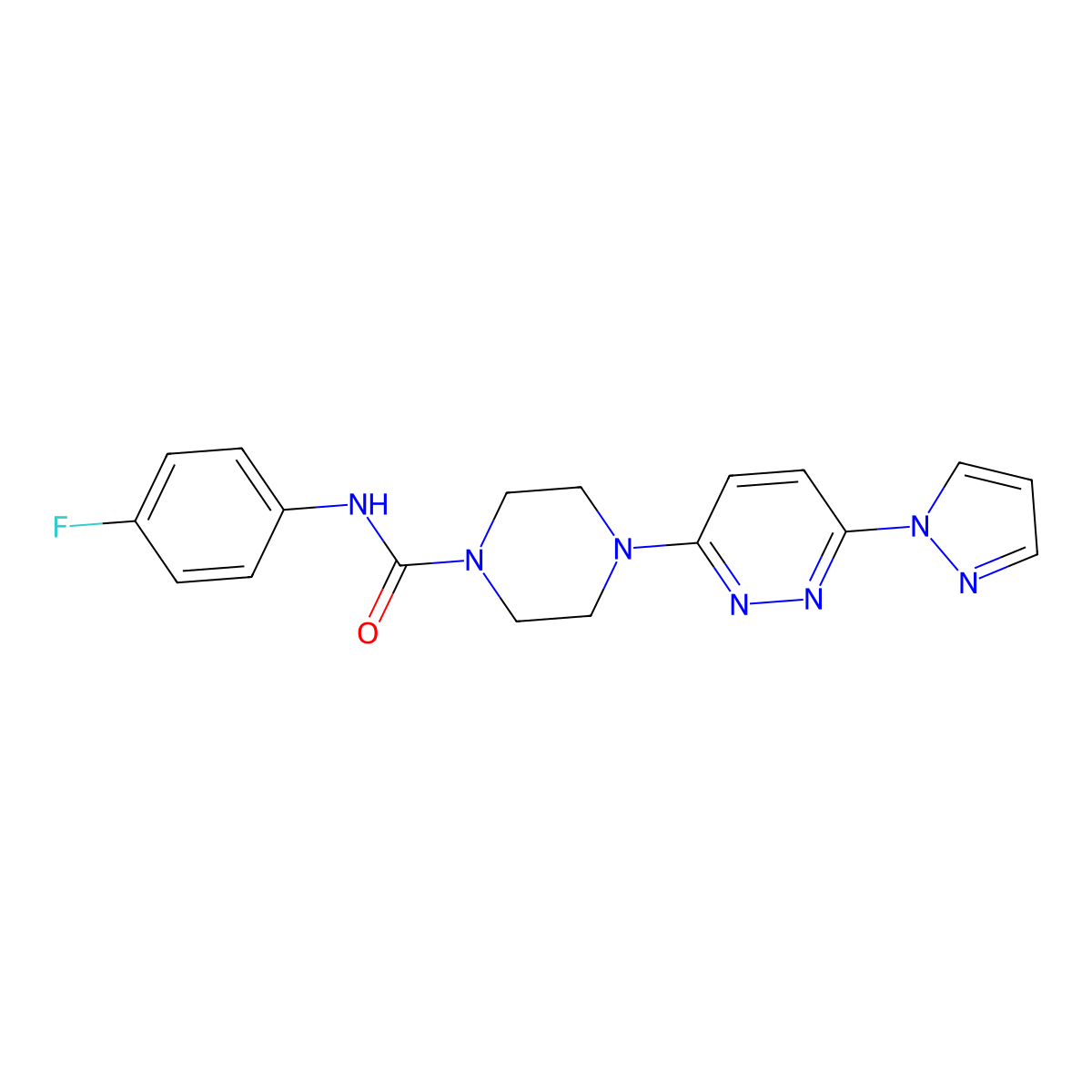4-(6-(1H-pyrazol-1-yl)pyridazin-3-yl)-N-(4-fluorophenyl)piperazine-1-carboxamide molecular structure, CAS 1013807-38-9