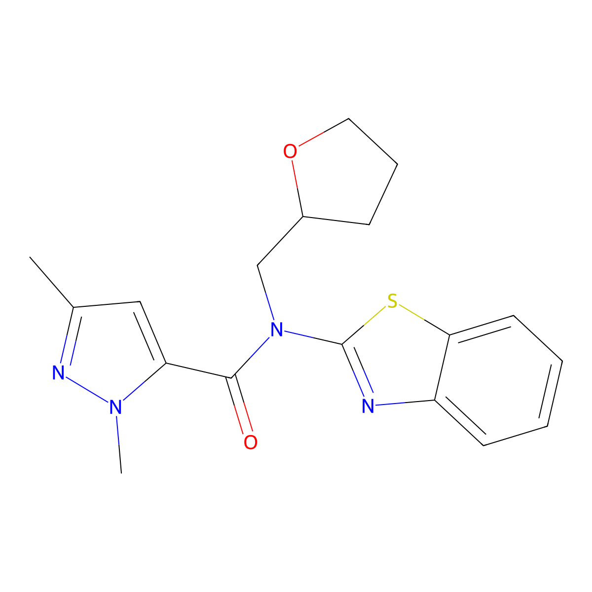 N-(benzo[d]thiazol-2-yl)-1,3-dimethyl-N-((tetrahydrofuran-2-yl)methyl)-1H-pyrazole-5-carboxamide molecular structure, CAS 1013807-79-8