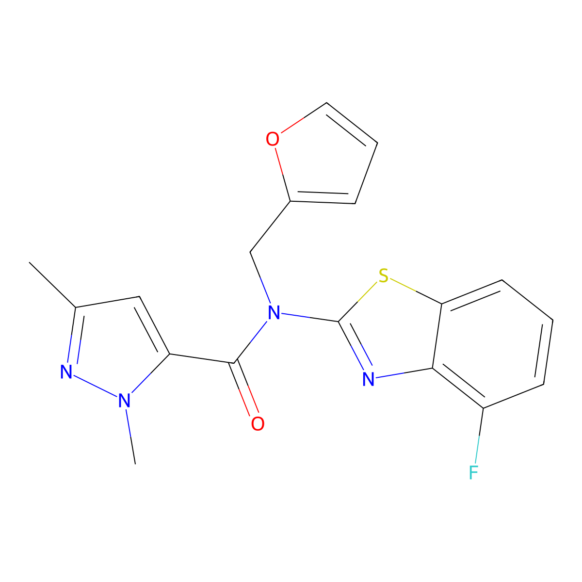 N-(4-fluorobenzo[d]thiazol-2-yl)-N-(furan-2-ylmethyl)-1,3-dimethyl-1H-pyrazole-5-carboxamide molecular structure, CAS 1013807-82-3