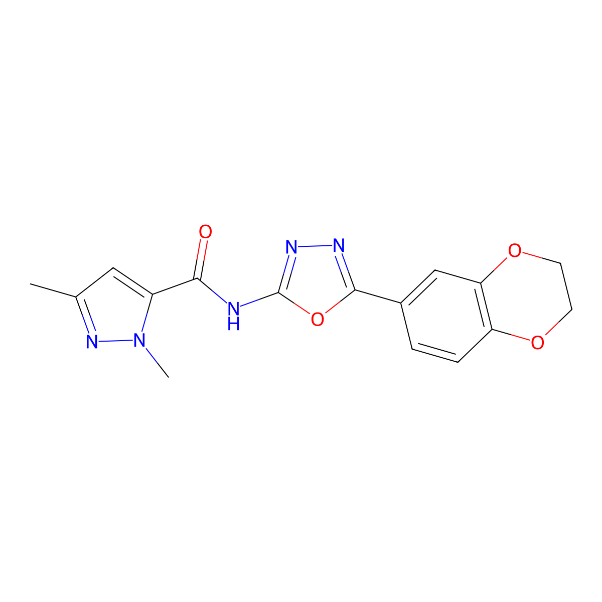 N-(5-(2,3-dihydrobenzo[b][1,4]dioxin-6-yl)-1,3,4-oxadiazol-2-yl)-1,3-dimethyl-1H-pyrazole-5-carboxamide molecular structure, CAS 1013807-86-7