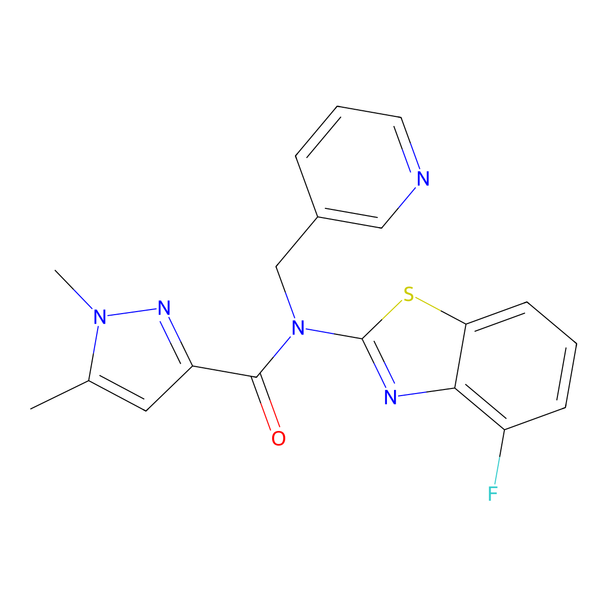 N-(4-fluorobenzo[d]thiazol-2-yl)-1,5-dimethyl-N-(pyridin-3-ylmethyl)-1H-pyrazole-3-carboxamide molecular structure, CAS 1013808-00-8