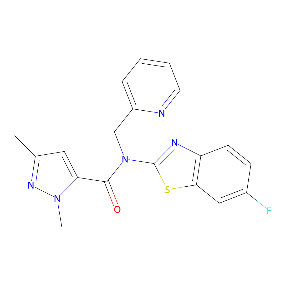 N-(6-fluorobenzo[d]thiazol-2-yl)-1,3-dimethyl-N-(pyridin-2-ylmethyl)-1H-pyrazole-5-carboxamide molecular structure, CAS 1013808-11-1