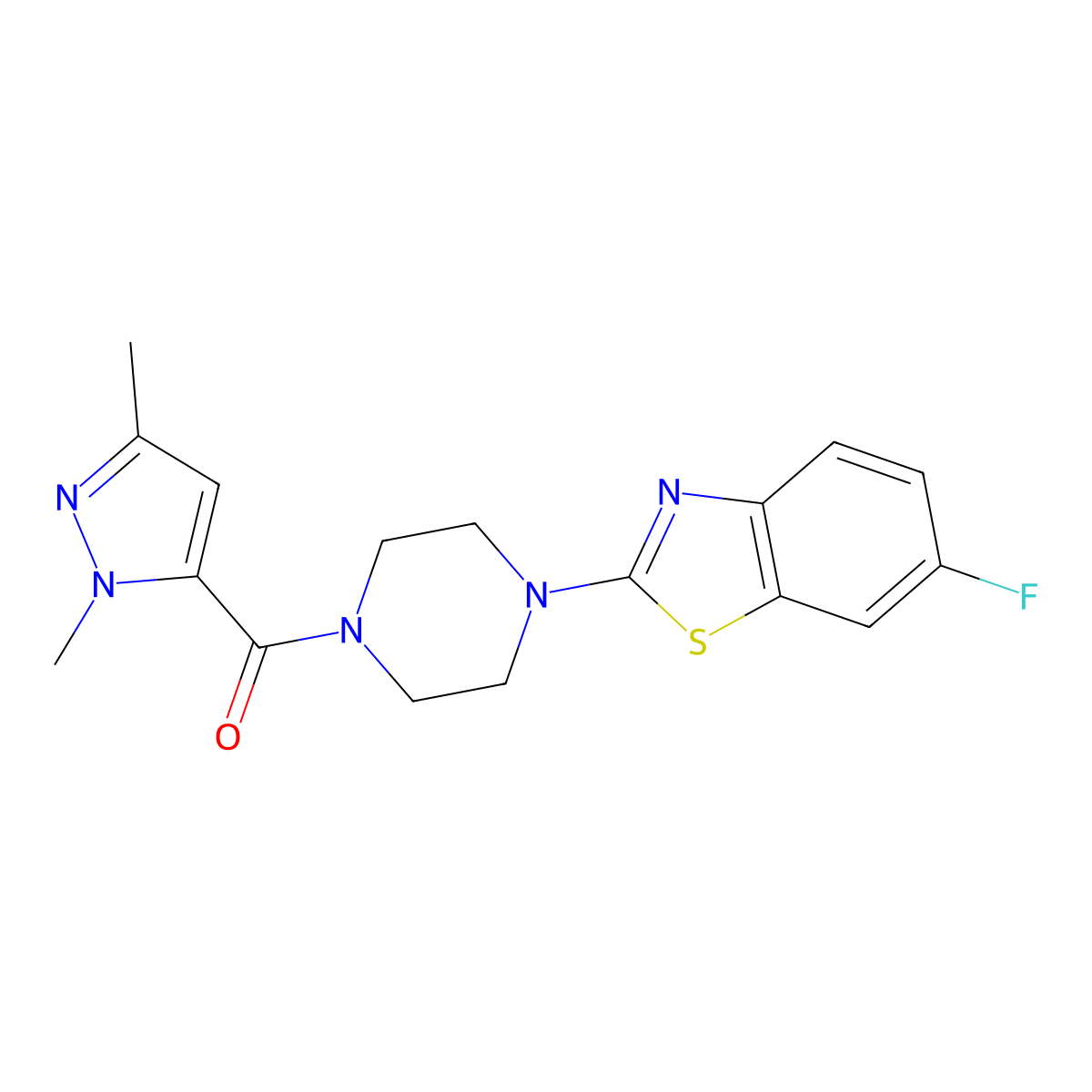 (1,3-dimethyl-1H-pyrazol-5-yl)(4-(6-fluorobenzo[d]thiazol-2-yl)piperazin-1-yl)methanone molecular structure, CAS 1013808-22-4