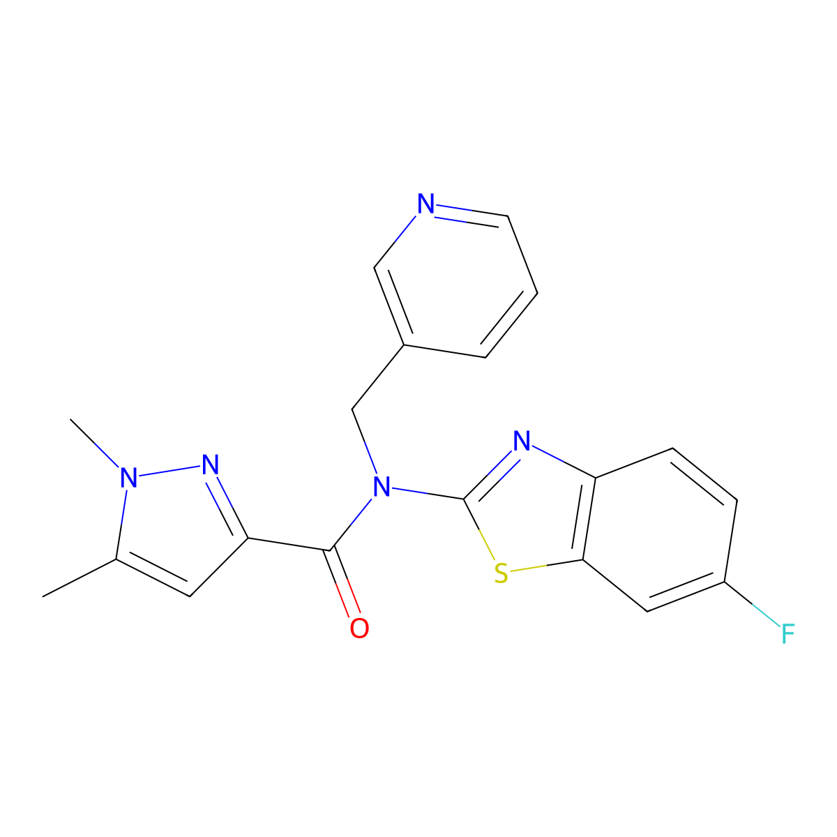 N-(6-fluorobenzo[d]thiazol-2-yl)-1,5-dimethyl-N-(pyridin-3-ylmethyl)-1H-pyrazole-3-carboxamide molecular structure, CAS 1013808-61-1