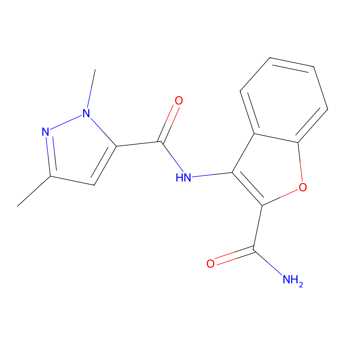 N-(2-carbamoylbenzofuran-3-yl)-1,3-dimethyl-1H-pyrazole-5-carboxamide molecular structure, CAS 1013808-87-1
