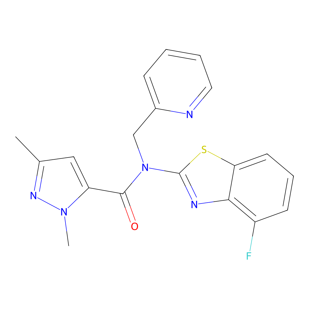 N-(4-fluorobenzo[d]thiazol-2-yl)-1,3-dimethyl-N-(pyridin-2-ylmethyl)-1H-pyrazole-5-carboxamide molecular structure, CAS 1013808-99-5