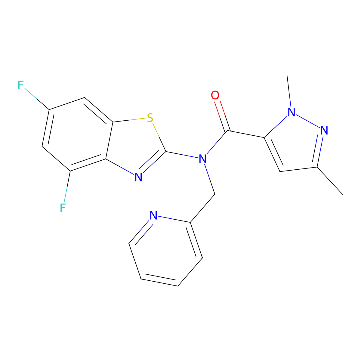 N-(4,6-difluorobenzo[d]thiazol-2-yl)-1,3-dimethyl-N-(pyridin-2-ylmethyl)-1H-pyrazole-5-carboxamide molecular structure, CAS 1013809-09-0