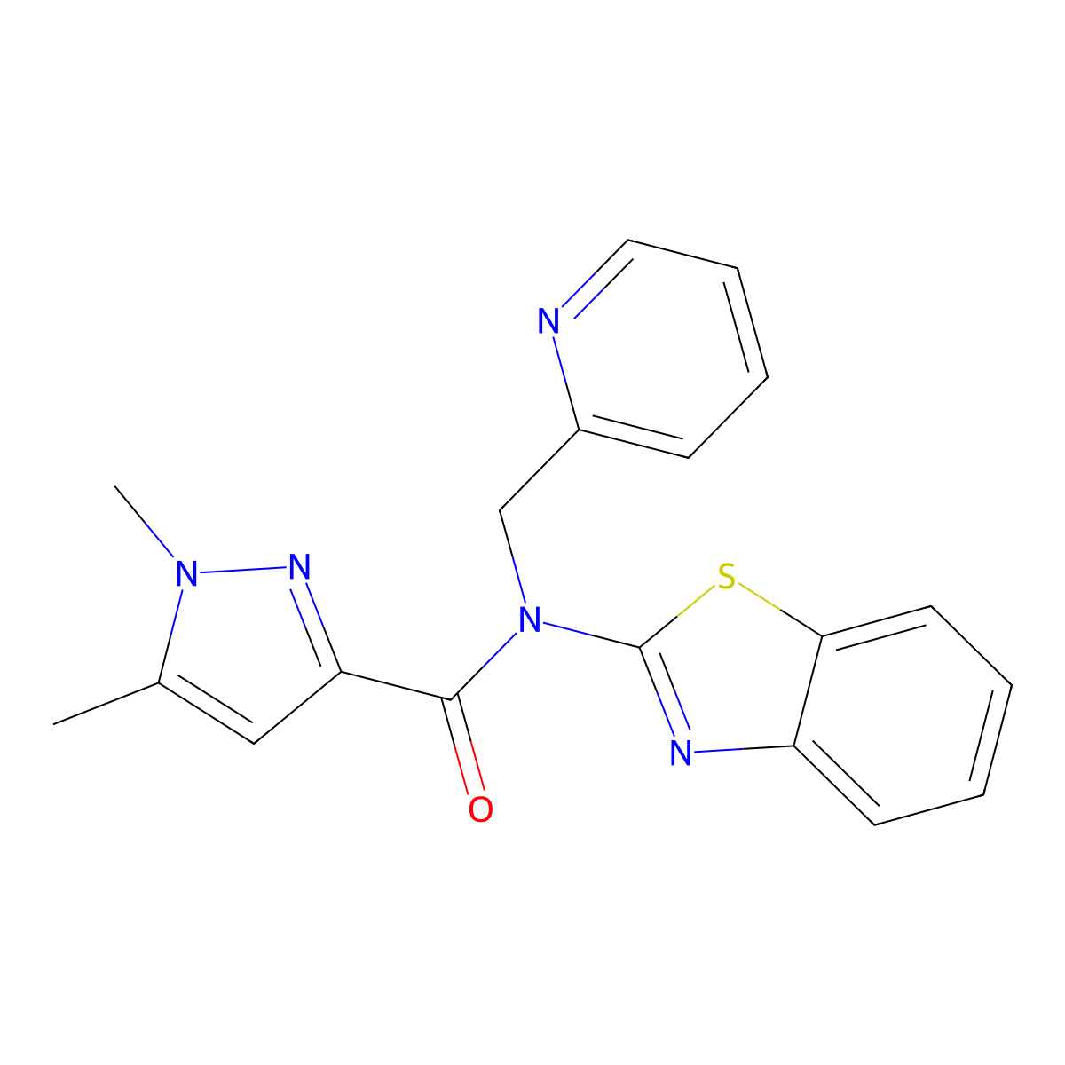 N-(1,3-benzothiazol-2-yl)-1,5-dimethyl-N-(pyridin-2-ylmethyl)pyrazole-3-carboxamide molecular structure, CAS 1013810-42-8