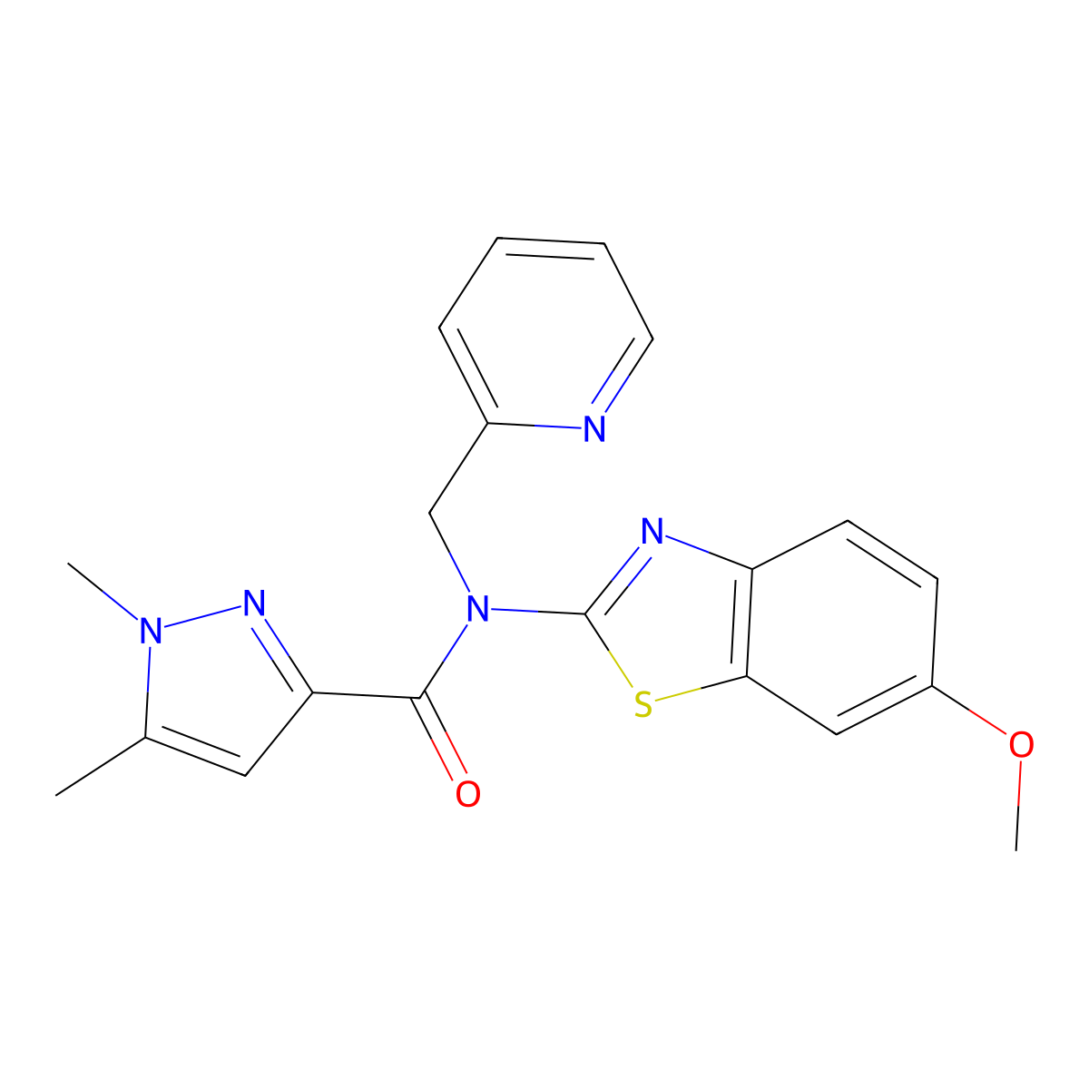 N-(6-methoxybenzo[d]thiazol-2-yl)-1,5-dimethyl-N-(pyridin-2-ylmethyl)-1H-pyrazole-3-carboxamide molecular structure, CAS 1013811-09-0