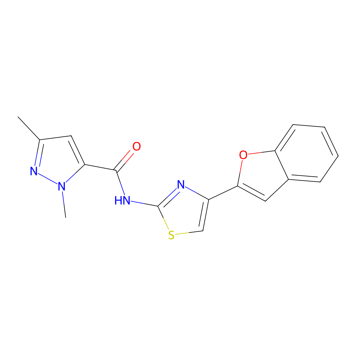N-(4-(benzofuran-2-yl)thiazol-2-yl)-1,3-dimethyl-1H-pyrazole-5-carboxamide molecular structure, CAS 1013811-50-1