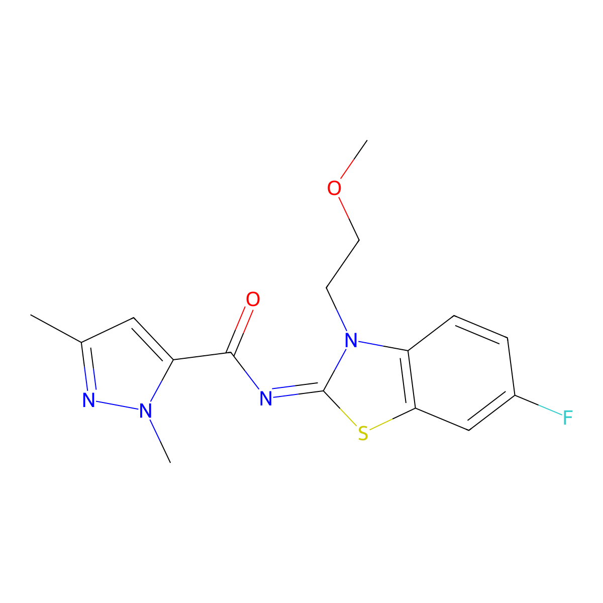 (Z)-N-(6-fluoro-3-(2-methoxyethyl)benzo[d]thiazol-2(3H)-ylidene)-1,3-dimethyl-1H-pyrazole-5-carboxamide molecular structure, CAS 1013811-63-6