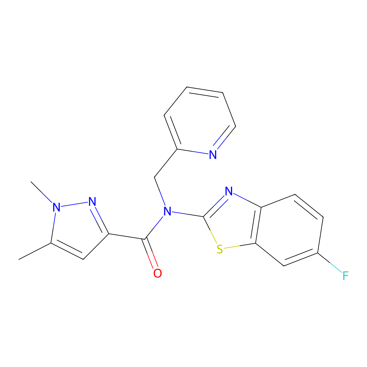 N-(6-fluorobenzo[d]thiazol-2-yl)-1,5-dimethyl-N-(pyridin-2-ylmethyl)-1H-pyrazole-3-carboxamide molecular structure, CAS 1013811-79-4