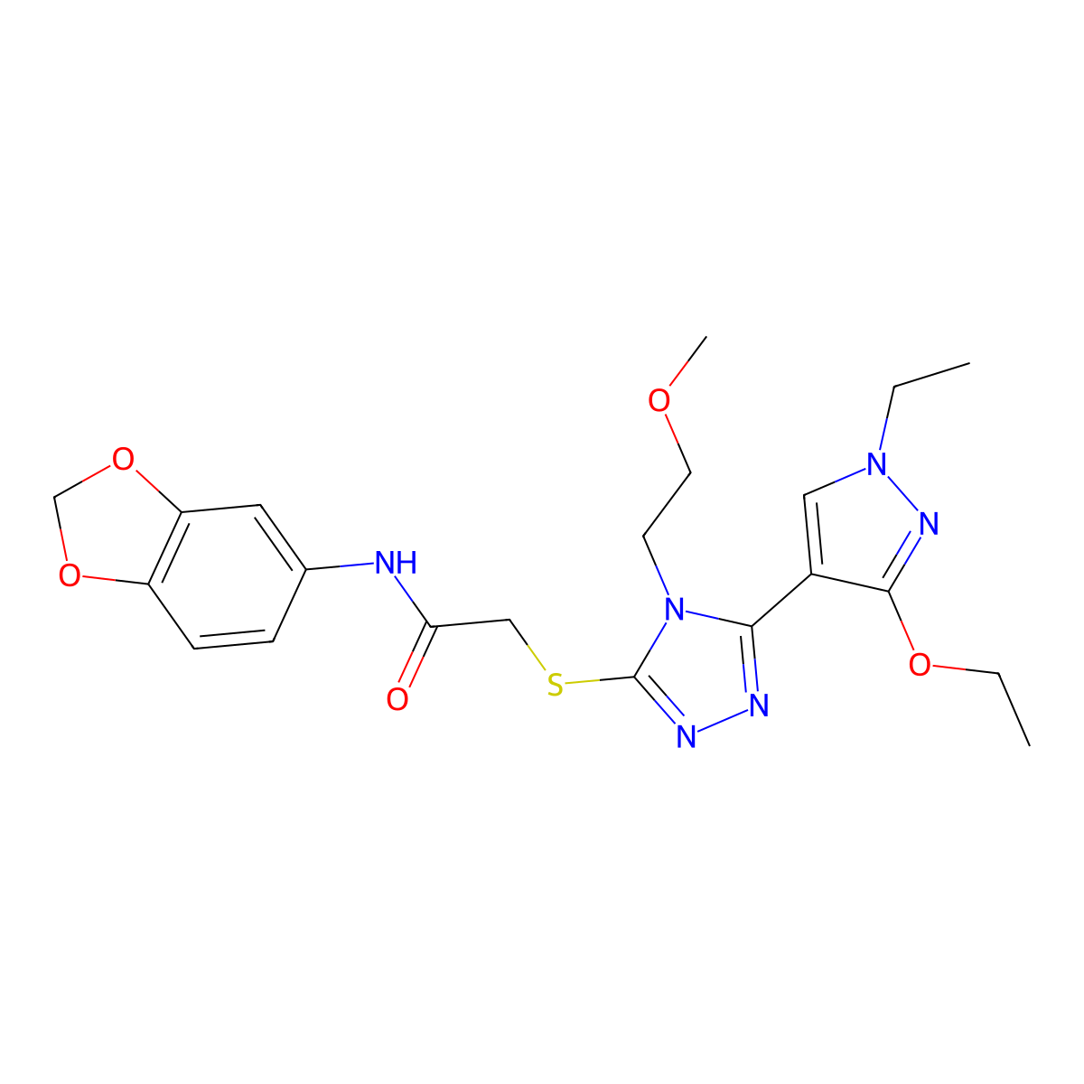 N-(benzo[d][1,3]dioxol-5-yl)-2-((5-(3-ethoxy-1-ethyl-1H-pyrazol-4-yl)-4-(2-methoxyethyl)-4H-1,2,4-triazol-3-yl)thio)acetamide molecular structure, CAS 1013812-25-3