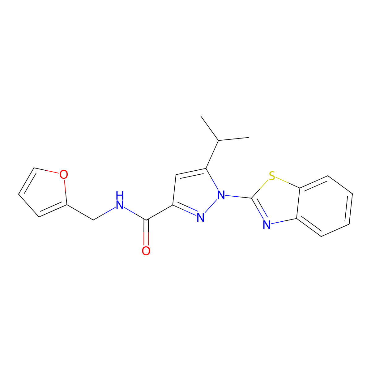 1-(benzo[d]thiazol-2-yl)-N-(furan-2-ylmethyl)-5-isopropyl-1H-pyrazole-3-carboxamide molecular structure, CAS 1013816-98-2