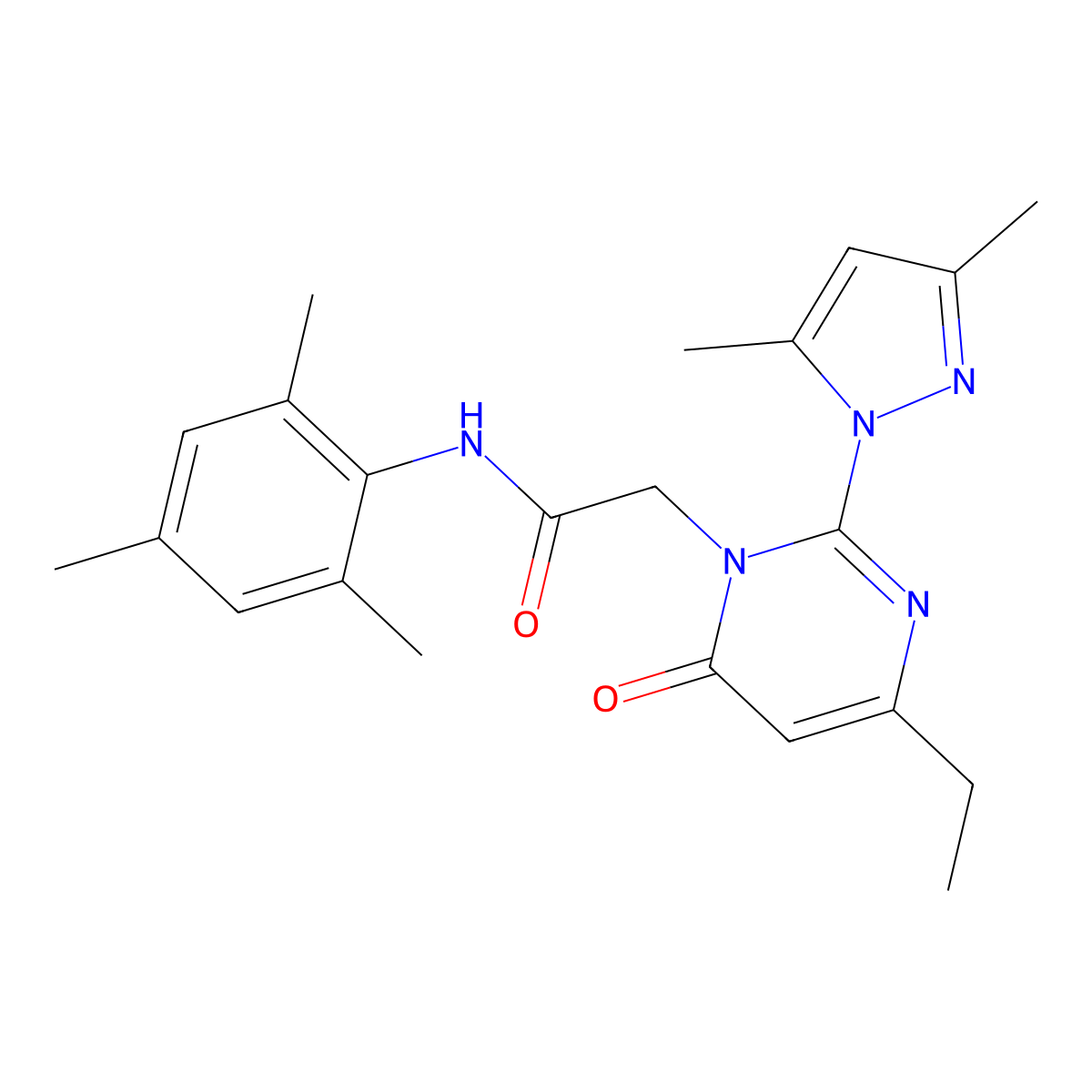 2-(2-(3,5-dimethyl-1H-pyrazol-1-yl)-4-ethyl-6-oxopyrimidin-1(6H)-yl)-N-mesitylacetamide molecular structure, CAS 1013819-57-2