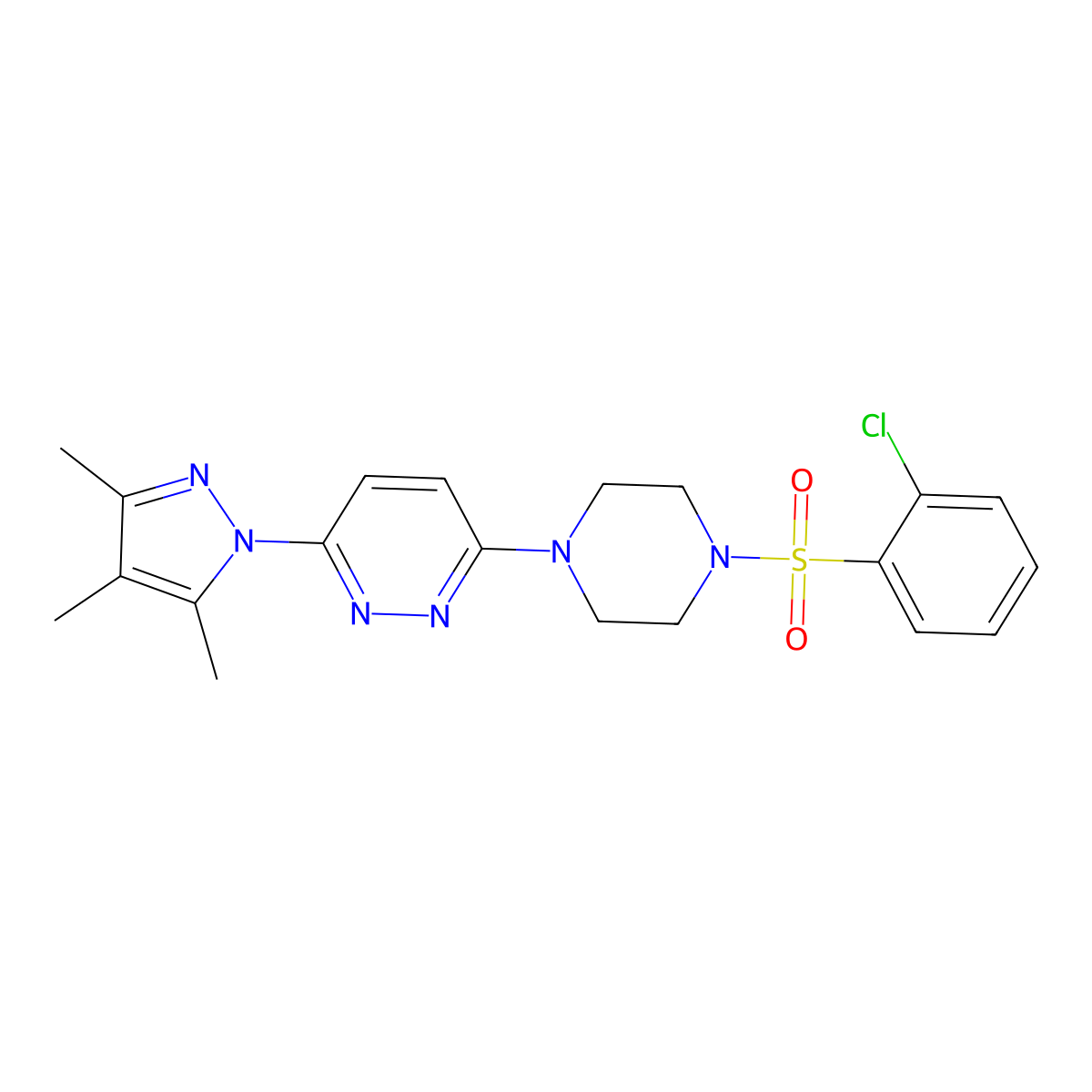 3-(4-((2-chlorophenyl)sulfonyl)piperazin-1-yl)-6-(3,4,5-trimethyl-1H-pyrazol-1-yl)pyridazine molecular structure, CAS 1013820-73-9