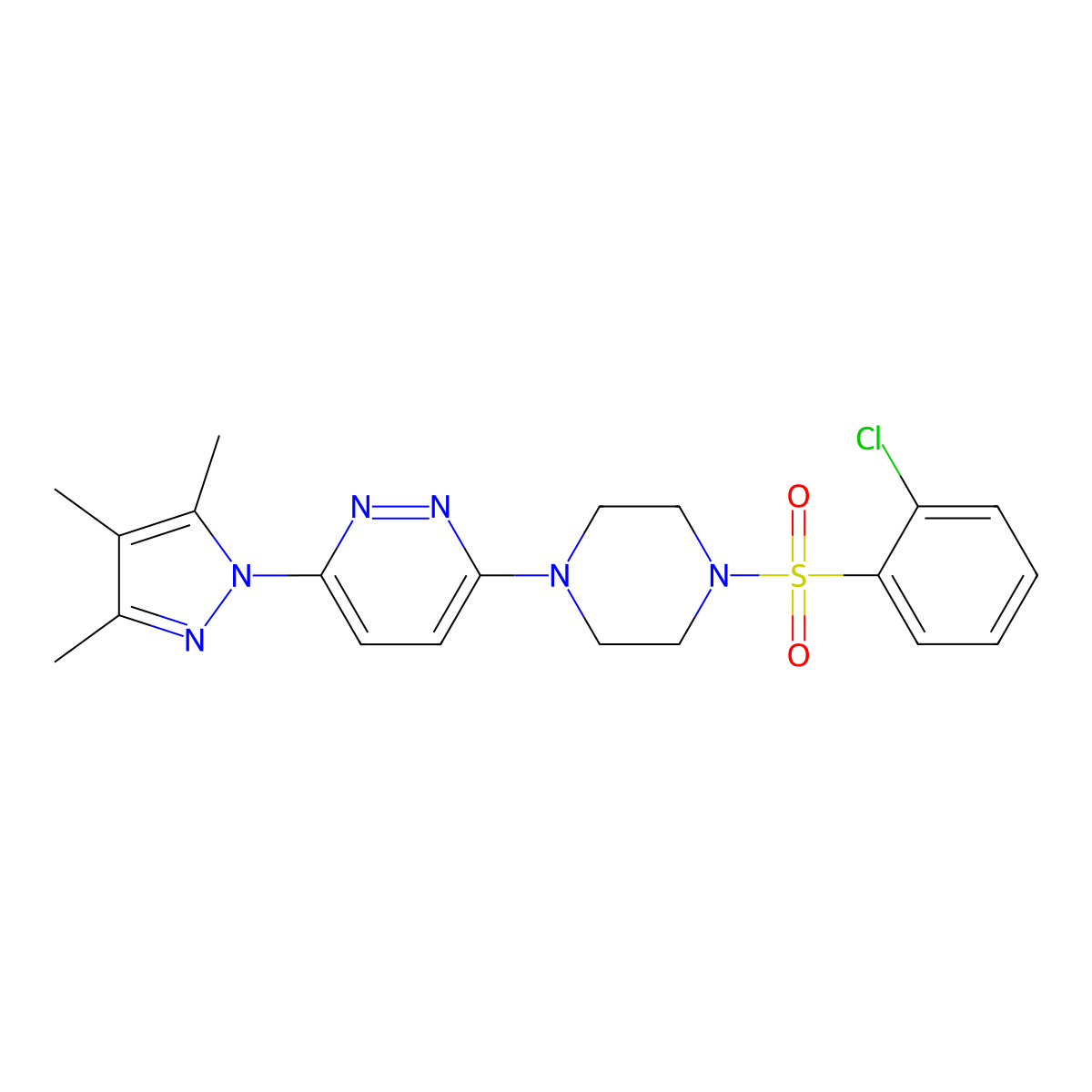 3-(4-((2-chlorophenyl)sulfonyl)piperazin-1-yl)-6-(3,4,5-trimethyl-1H-pyrazol-1-yl)pyridazine molecular structure, CAS 1013820-73-9