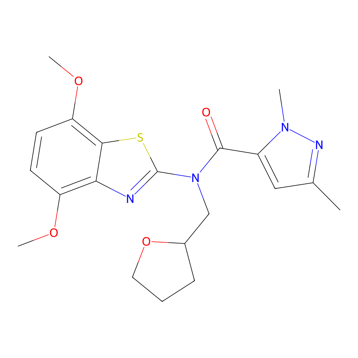 N-(4,7-dimethoxybenzo[d]thiazol-2-yl)-1,3-dimethyl-N-((tetrahydrofuran-2-yl)methyl)-1H-pyrazole-5-carboxamide molecular structure, CAS 1013821-96-9