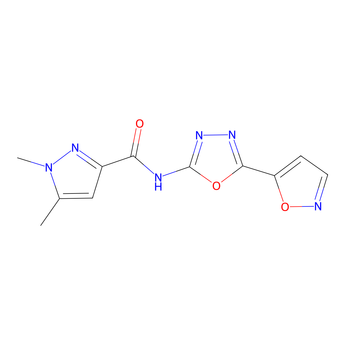 N-(5-(isoxazol-5-yl)-1,3,4-oxadiazol-2-yl)-1,5-dimethyl-1H-pyrazole-3-carboxamide molecular structure, CAS 1013826-11-3