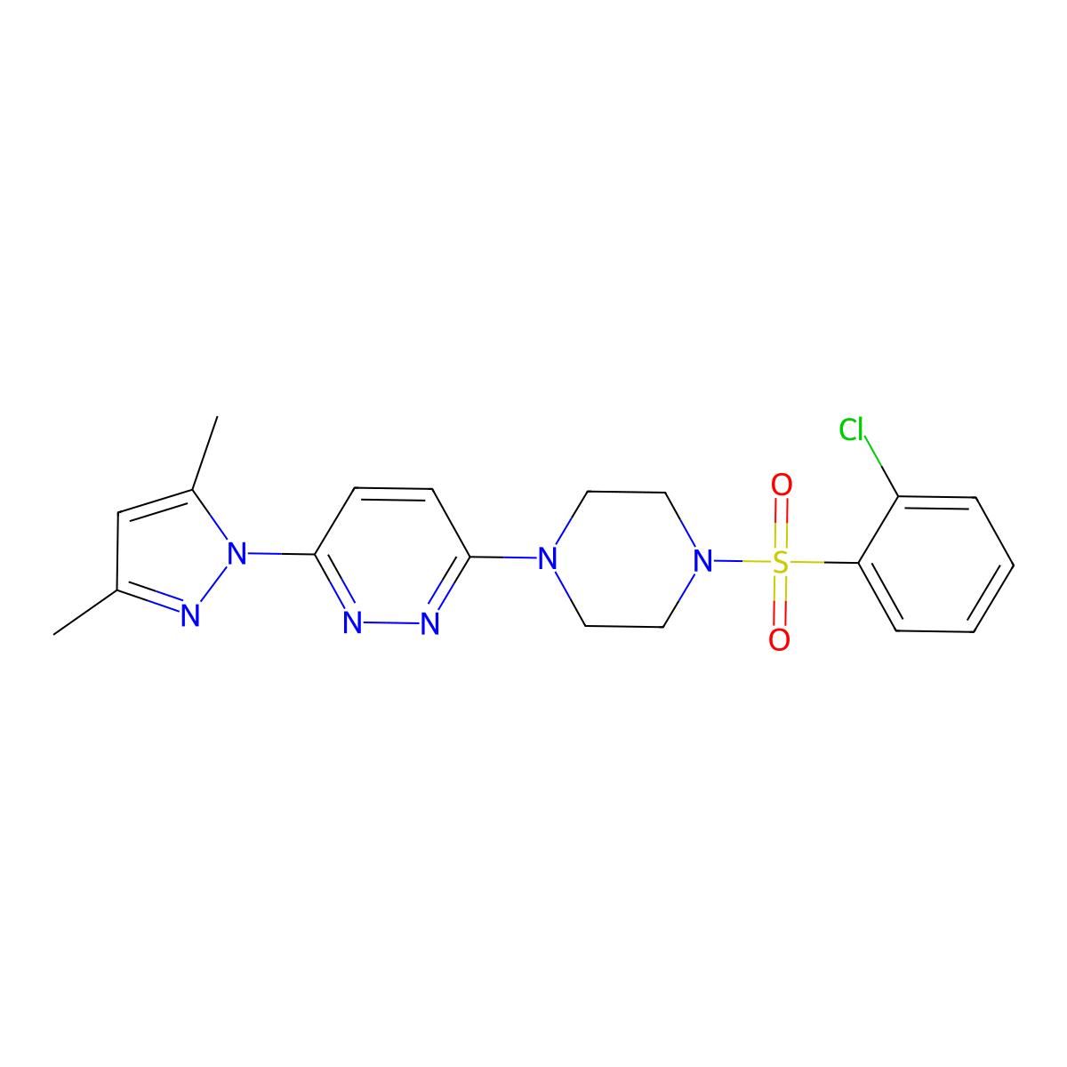 3-(4-((2-chlorophenyl)sulfonyl)piperazin-1-yl)-6-(3,5-dimethyl-1H-pyrazol-1-yl)pyridazine molecular structure, CAS 1013835-29-4