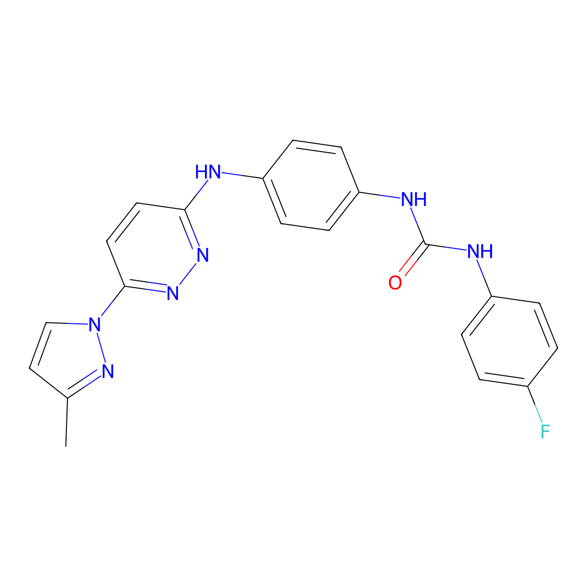 1-(4-fluorophenyl)-3-(4-((6-(3-methyl-1H-pyrazol-1-yl)pyridazin-3-yl)amino)phenyl)urea molecular structure, CAS 1013836-16-2