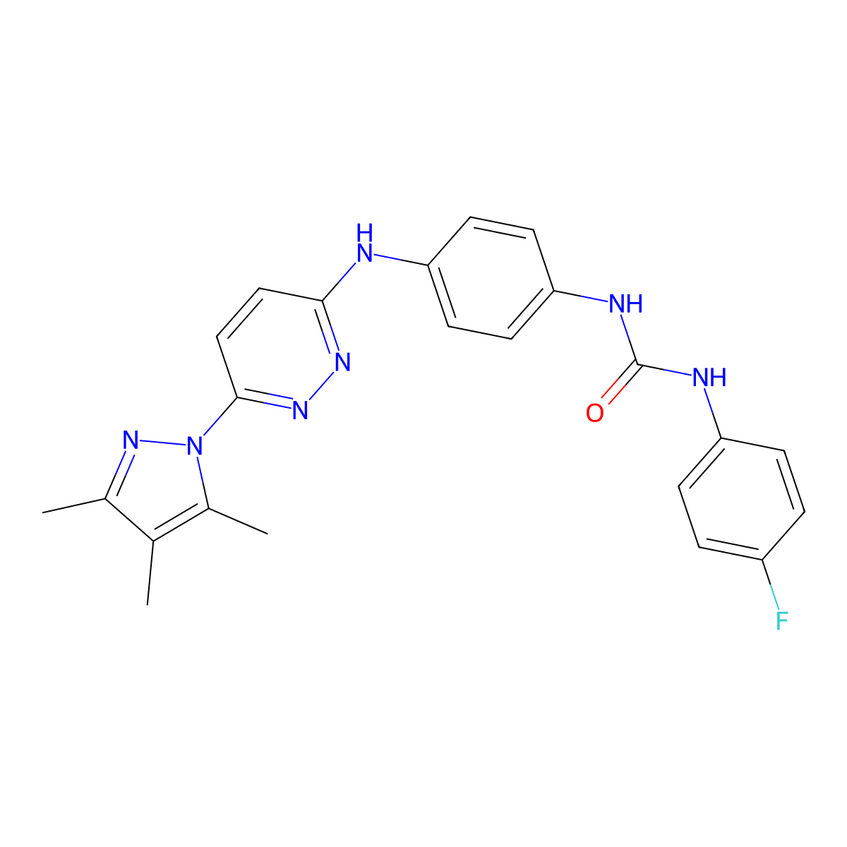 1-(4-fluorophenyl)-3-(4-((6-(3,4,5-trimethyl-1H-pyrazol-1-yl)pyridazin-3-yl)amino)phenyl)urea molecular structure, CAS 1013836-31-1