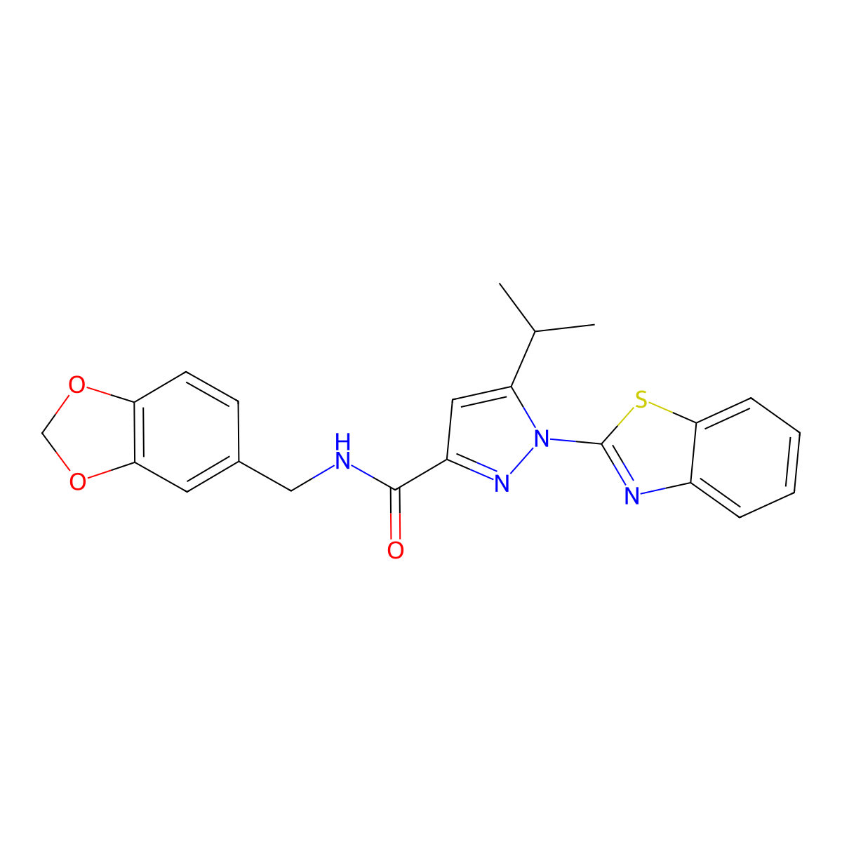 N-(benzo[d][1,3]dioxol-5-ylmethyl)-1-(benzo[d]thiazol-2-yl)-5-isopropyl-1H-pyrazole-3-carboxamide molecular structure, CAS 1013838-32-8