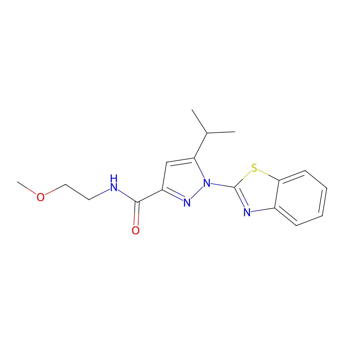 1-(benzo[d]thiazol-2-yl)-5-isopropyl-N-(2-methoxyethyl)-1H-pyrazole-3-carboxamide molecular structure, CAS 1013852-71-5