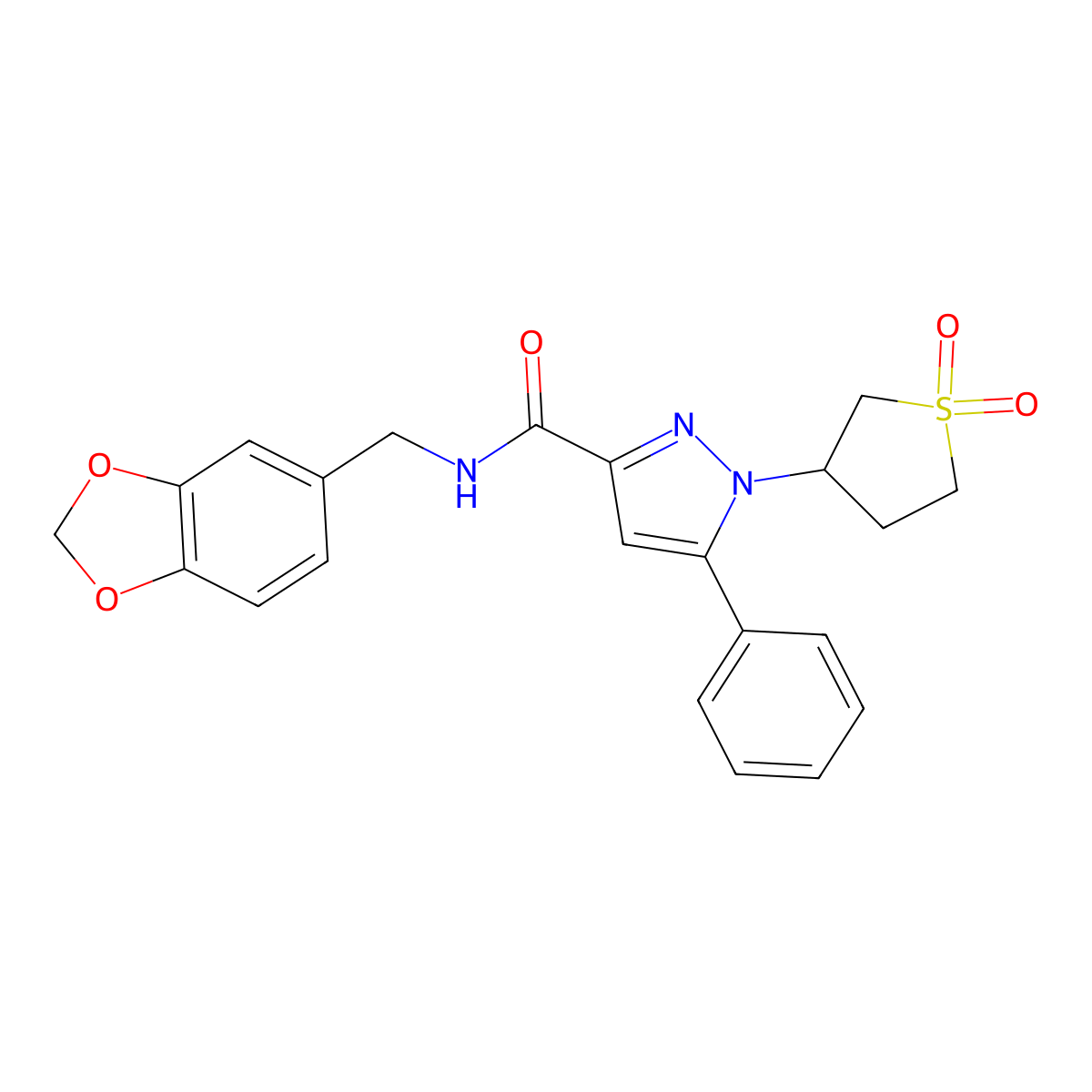 N-(benzo[d][1,3]dioxol-5-ylmethyl)-1-(1,1-dioxidotetrahydrothiophen-3-yl)-5-phenyl-1H-pyrazole-3-carboxamide molecular structure, CAS 1013869-03-8