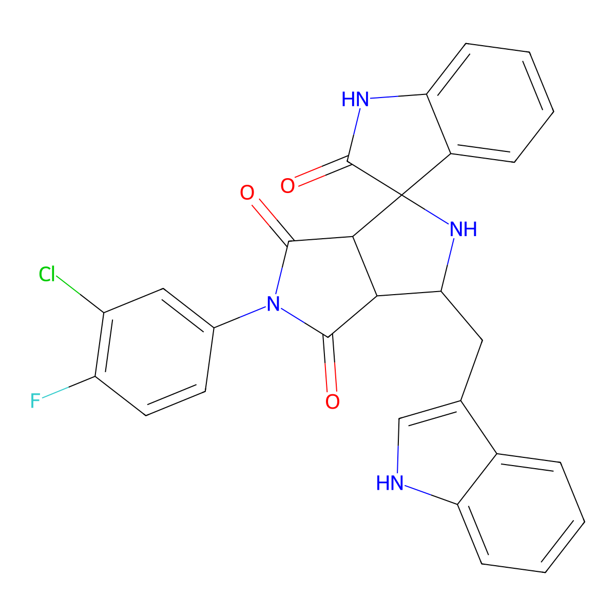 (1S,3R,3aR,6aS)-5-(3-chloro-4-fluorophenyl)-1-(1H-indol-3-ylmethyl)spiro[1,2,3a,6a-tetrahydropyrrolo[3,4-c]pyrrole-3,3'-1H-indole]-2',4,6-trione molecular structure, CAS 1013871-83-4