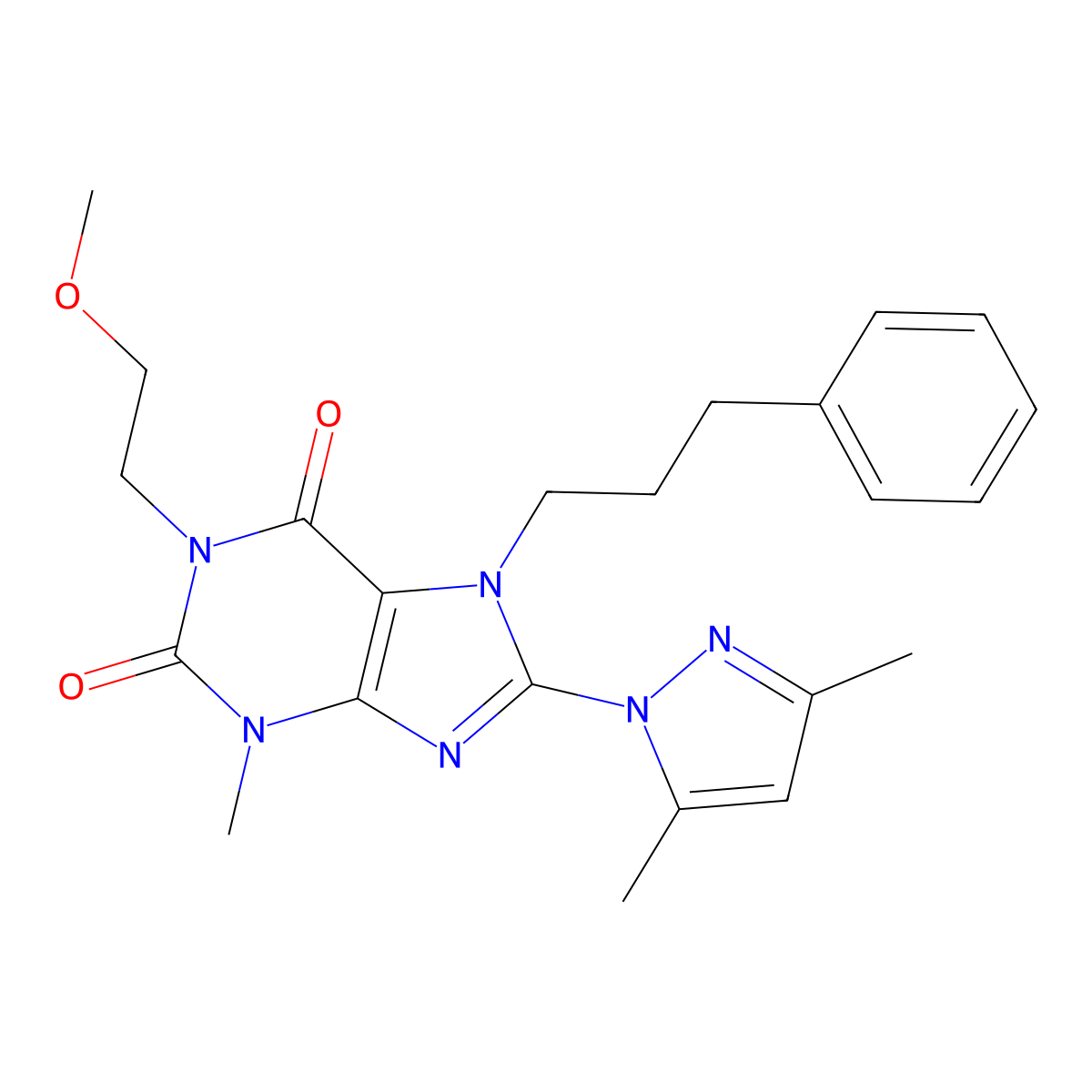 8-(3,5-dimethyl-1H-pyrazol-1-yl)-1-(2-methoxyethyl)-3-methyl-7-(3-phenylpropyl)-1H-purine-2,6(3H,7H)-dione molecular structure, CAS 1013873-98-7