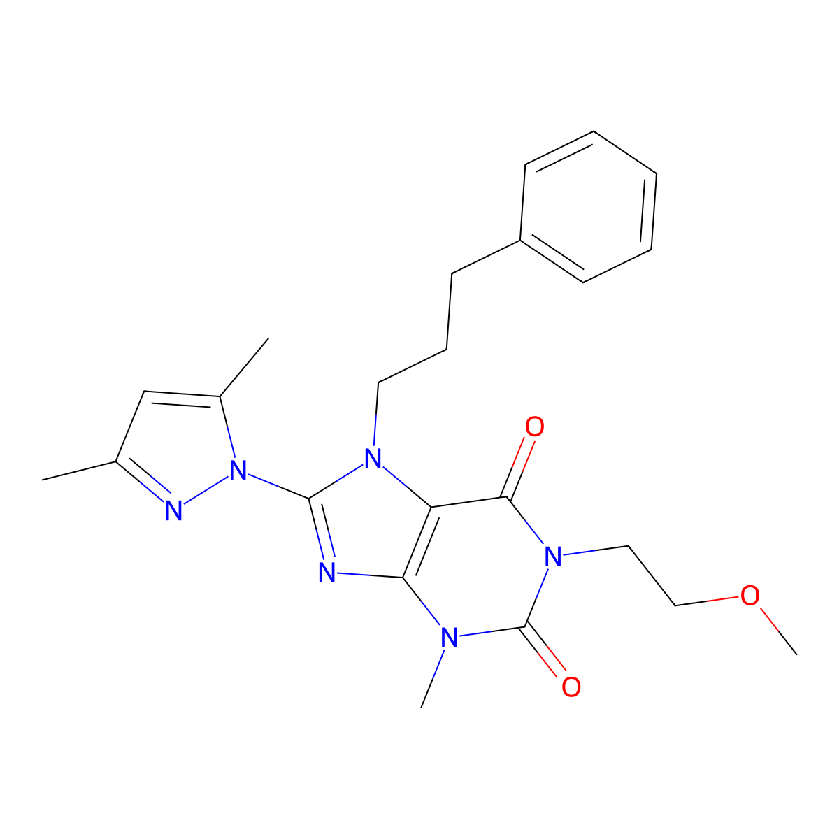 8-(3,5-dimethyl-1H-pyrazol-1-yl)-1-(2-methoxyethyl)-3-methyl-7-(3-phenylpropyl)-1H-purine-2,6(3H,7H)-dione molecular structure, CAS 1013873-98-7
