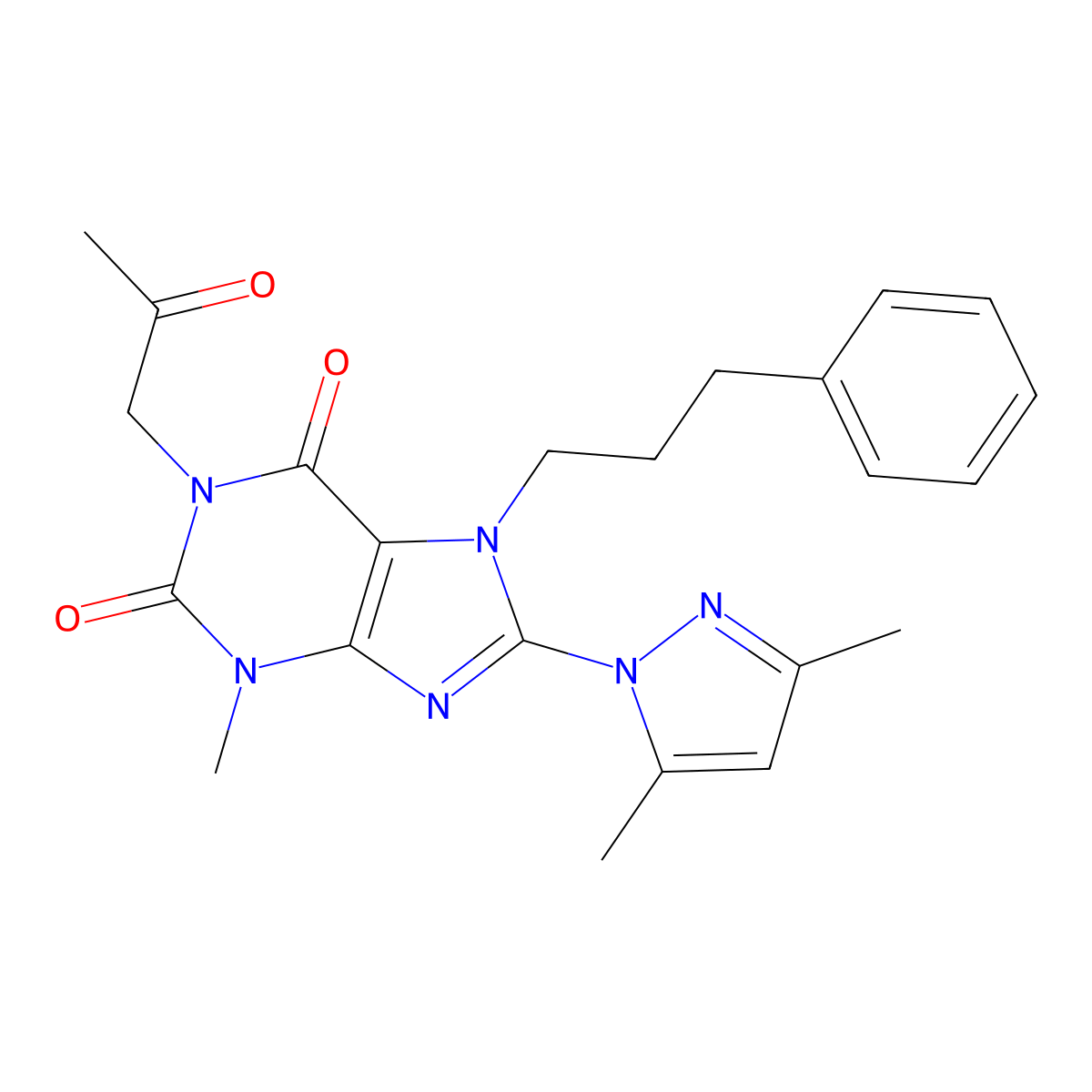 8-(3,5-dimethyl-1H-pyrazol-1-yl)-3-methyl-1-(2-oxopropyl)-7-(3-phenylpropyl)-2,3,6,7-tetrahydro-1H-purine-2,6-dione molecular structure, CAS 1013874-37-7