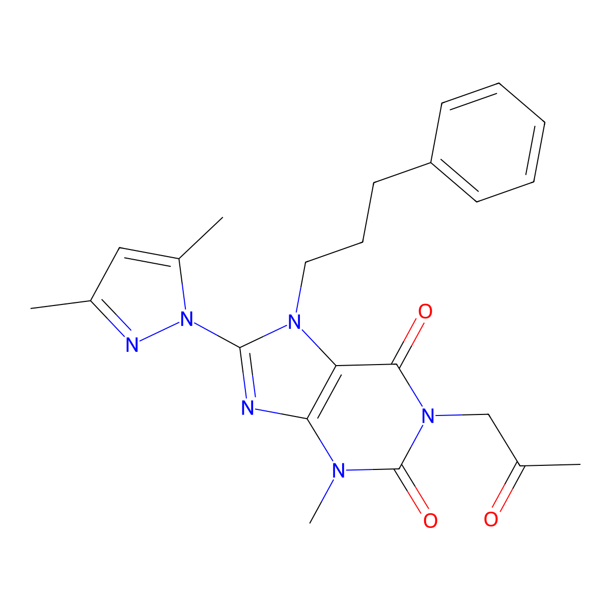 8-(3,5-dimethyl-1H-pyrazol-1-yl)-3-methyl-1-(2-oxopropyl)-7-(3-phenylpropyl)-2,3,6,7-tetrahydro-1H-purine-2,6-dione molecular structure, CAS 1013874-37-7