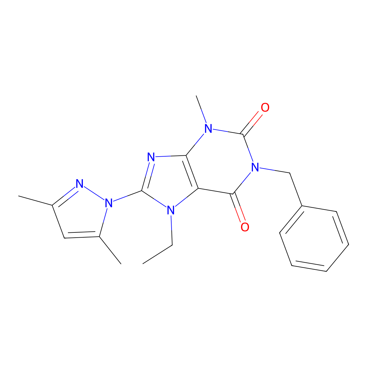 1-benzyl-8-(3,5-dimethyl-1H-pyrazol-1-yl)-7-ethyl-3-methyl-1H-purine-2,6(3H,7H)-dione molecular structure, CAS 1013875-36-9