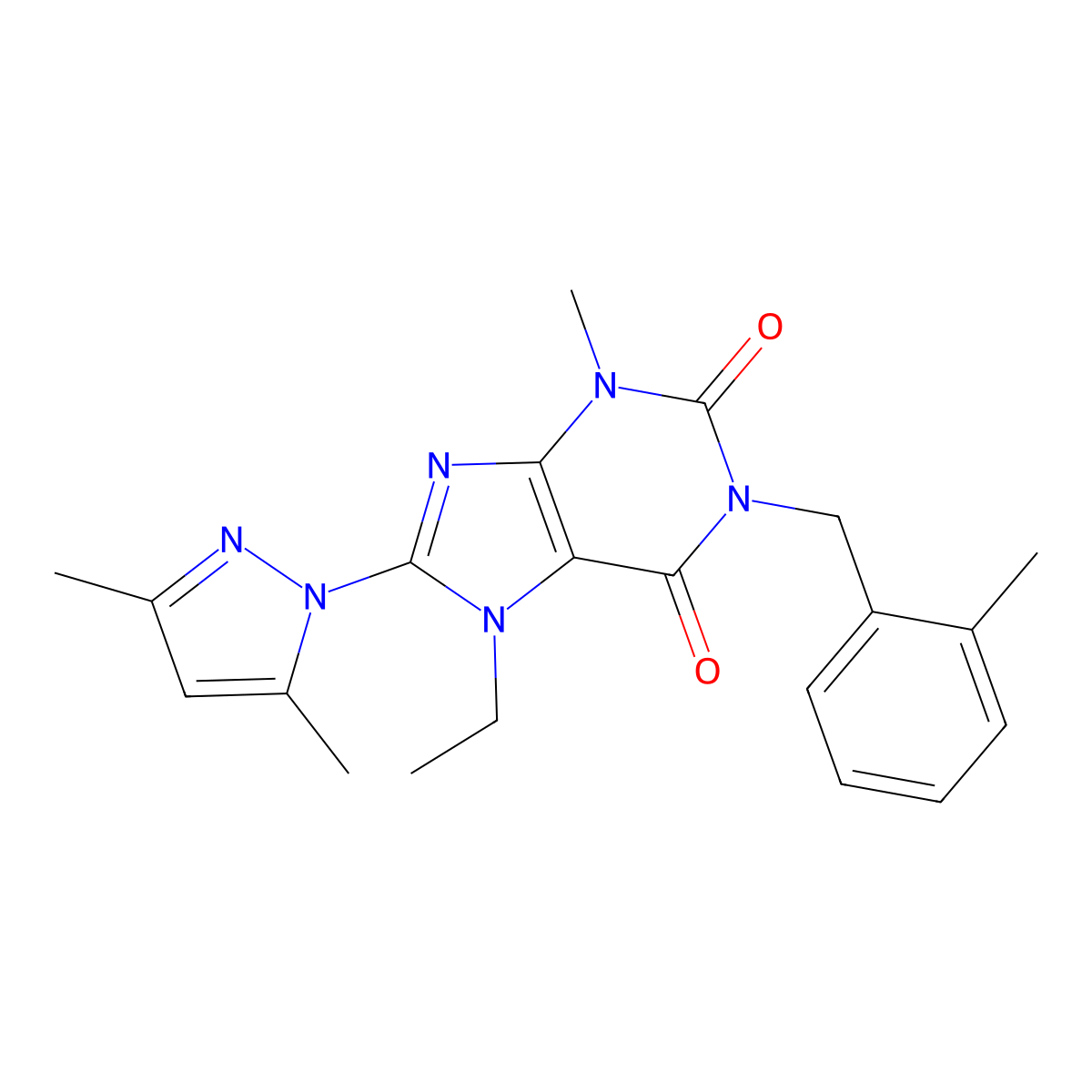 8-(3,5-dimethyl-1H-pyrazol-1-yl)-7-ethyl-3-methyl-1-(2-methylbenzyl)-1H-purine-2,6(3H,7H)-dione molecular structure, CAS 1013875-40-5