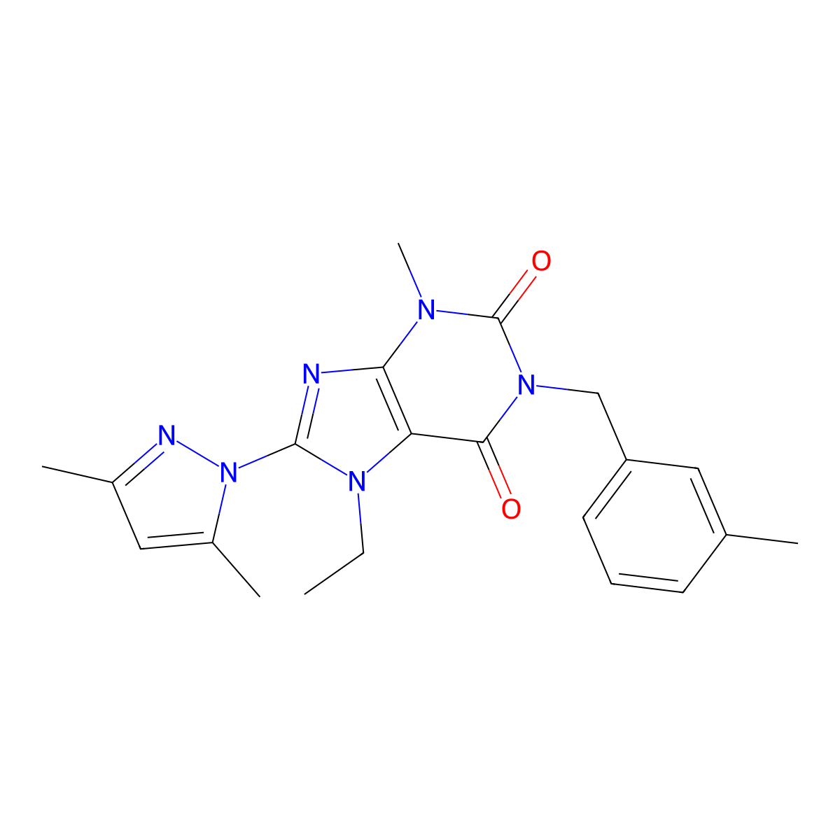 8-(3,5-dimethyl-1H-pyrazol-1-yl)-7-ethyl-3-methyl-1-(3-methylbenzyl)-1H-purine-2,6(3H,7H)-dione molecular structure, CAS 1013875-45-0