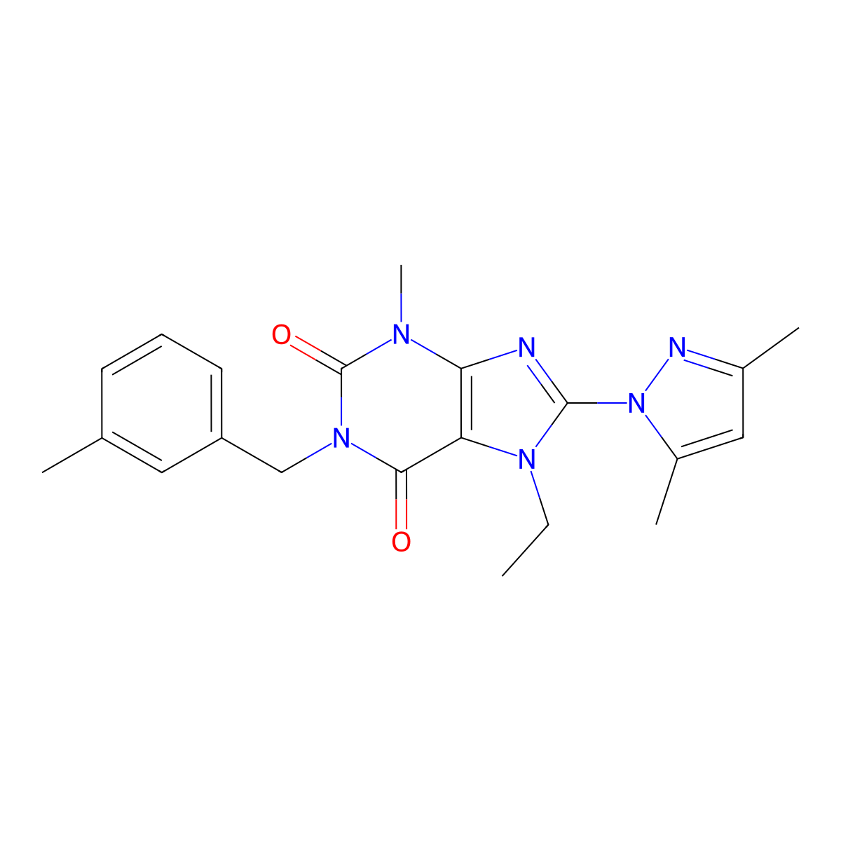8-(3,5-dimethyl-1H-pyrazol-1-yl)-7-ethyl-3-methyl-1-(3-methylbenzyl)-1H-purine-2,6(3H,7H)-dione molecular structure, CAS 1013875-45-0