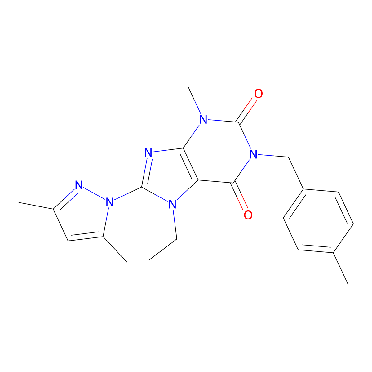 8-(3,5-dimethyl-1H-pyrazol-1-yl)-7-ethyl-3-methyl-1-(4-methylbenzyl)-1H-purine-2,6(3H,7H)-dione molecular structure, CAS 1013875-47-2