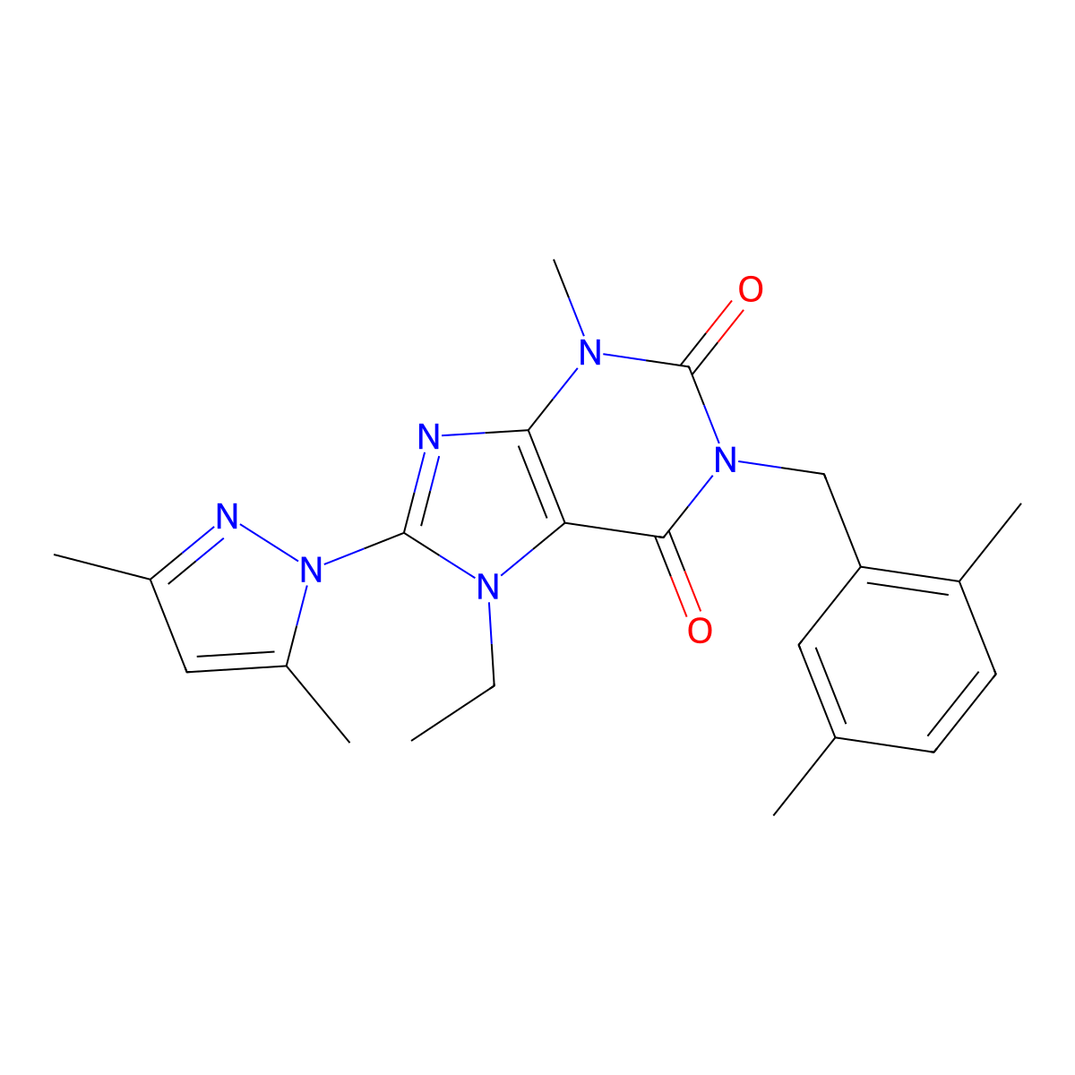 8-(3,5-dimethyl-1H-pyrazol-1-yl)-1-(2,5-dimethylbenzyl)-7-ethyl-3-methyl-1H-purine-2,6(3H,7H)-dione molecular structure, CAS 1013875-50-7