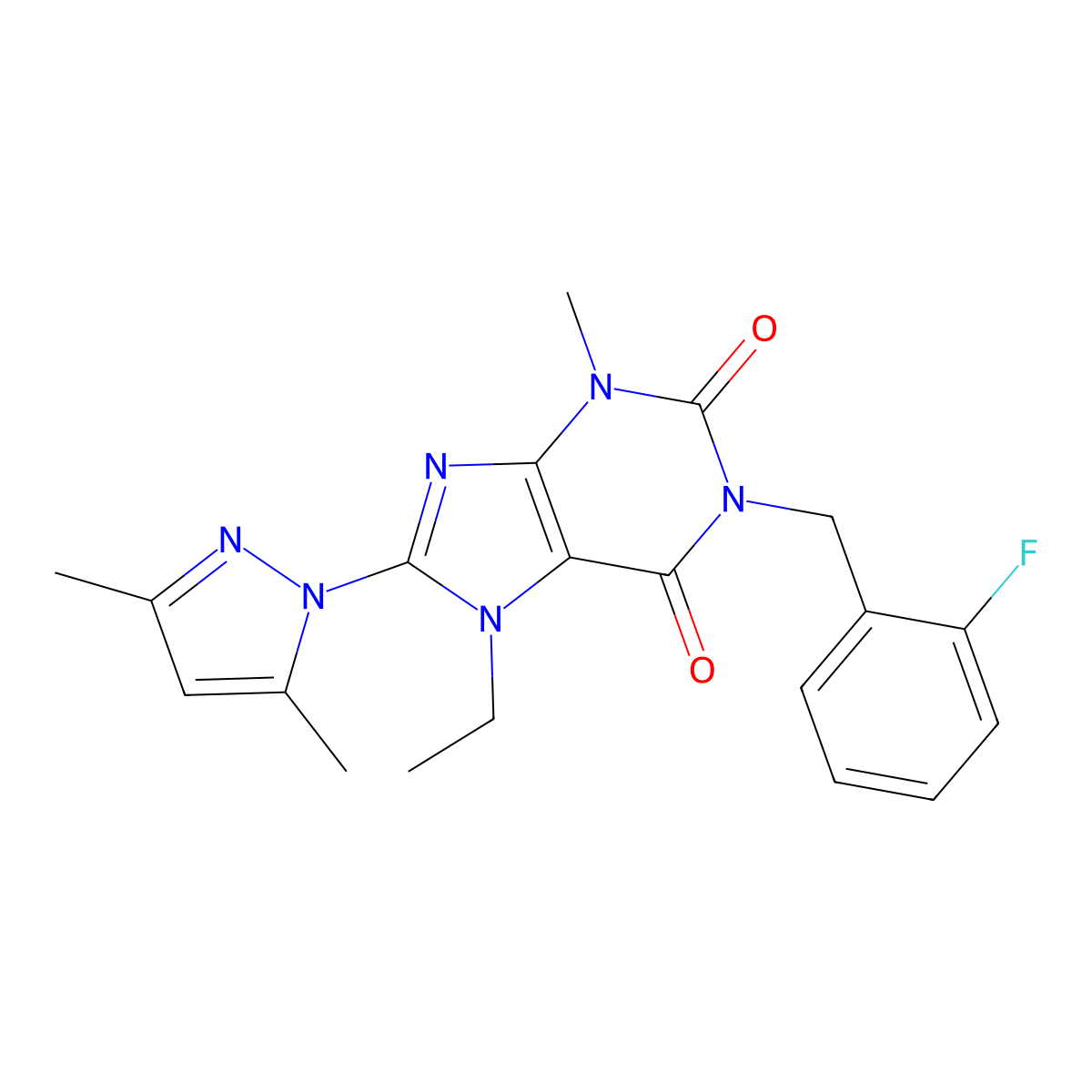 8-(3,5-dimethyl-1H-pyrazol-1-yl)-7-ethyl-1-(2-fluorobenzyl)-3-methyl-1H-purine-2,6(3H,7H)-dione molecular structure, CAS 1013875-52-9