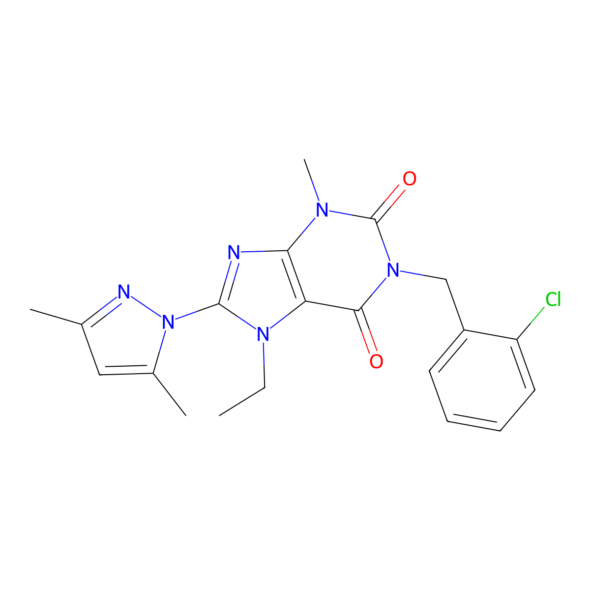 1-(2-chlorobenzyl)-8-(3,5-dimethyl-1H-pyrazol-1-yl)-7-ethyl-3-methyl-1H-purine-2,6(3H,7H)-dione molecular structure, CAS 1013875-63-2