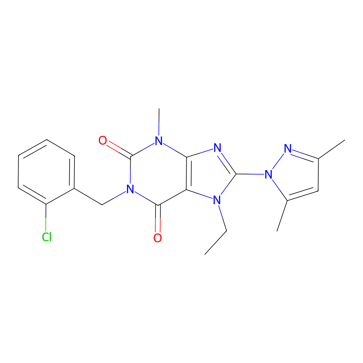 1-(2-chlorobenzyl)-8-(3,5-dimethyl-1H-pyrazol-1-yl)-7-ethyl-3-methyl-1H-purine-2,6(3H,7H)-dione molecular structure, CAS 1013875-63-2