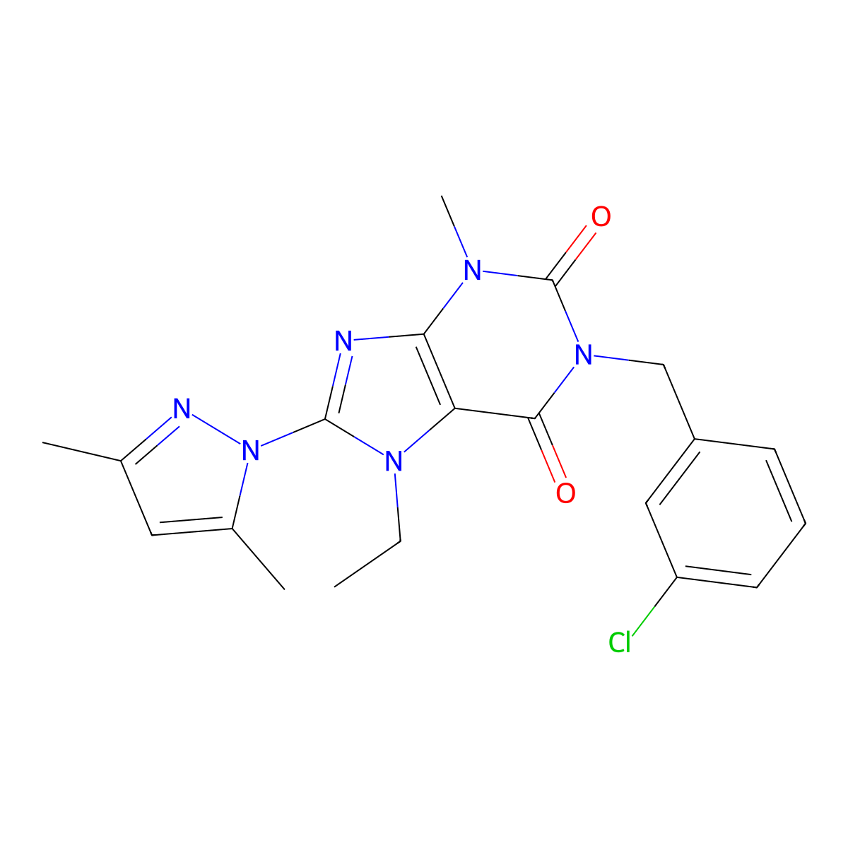 1-(3-chlorobenzyl)-8-(3,5-dimethyl-1H-pyrazol-1-yl)-7-ethyl-3-methyl-1H-purine-2,6(3H,7H)-dione molecular structure, CAS 1013875-69-8