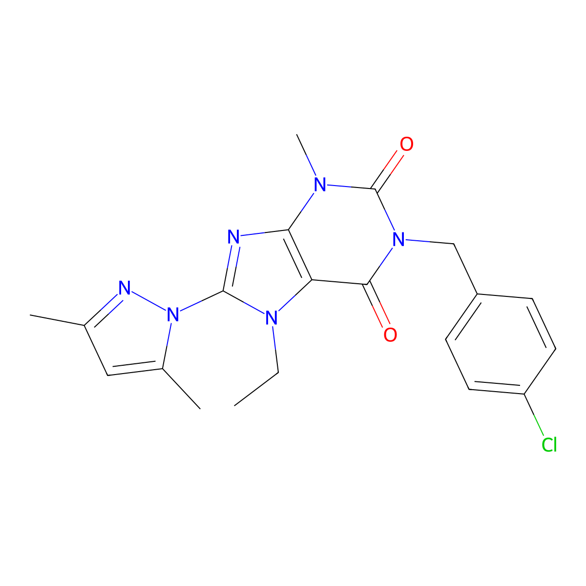 1-(4-chlorobenzyl)-8-(3,5-dimethyl-1H-pyrazol-1-yl)-7-ethyl-3-methyl-1H-purine-2,6(3H,7H)-dione molecular structure, CAS 1013875-92-7